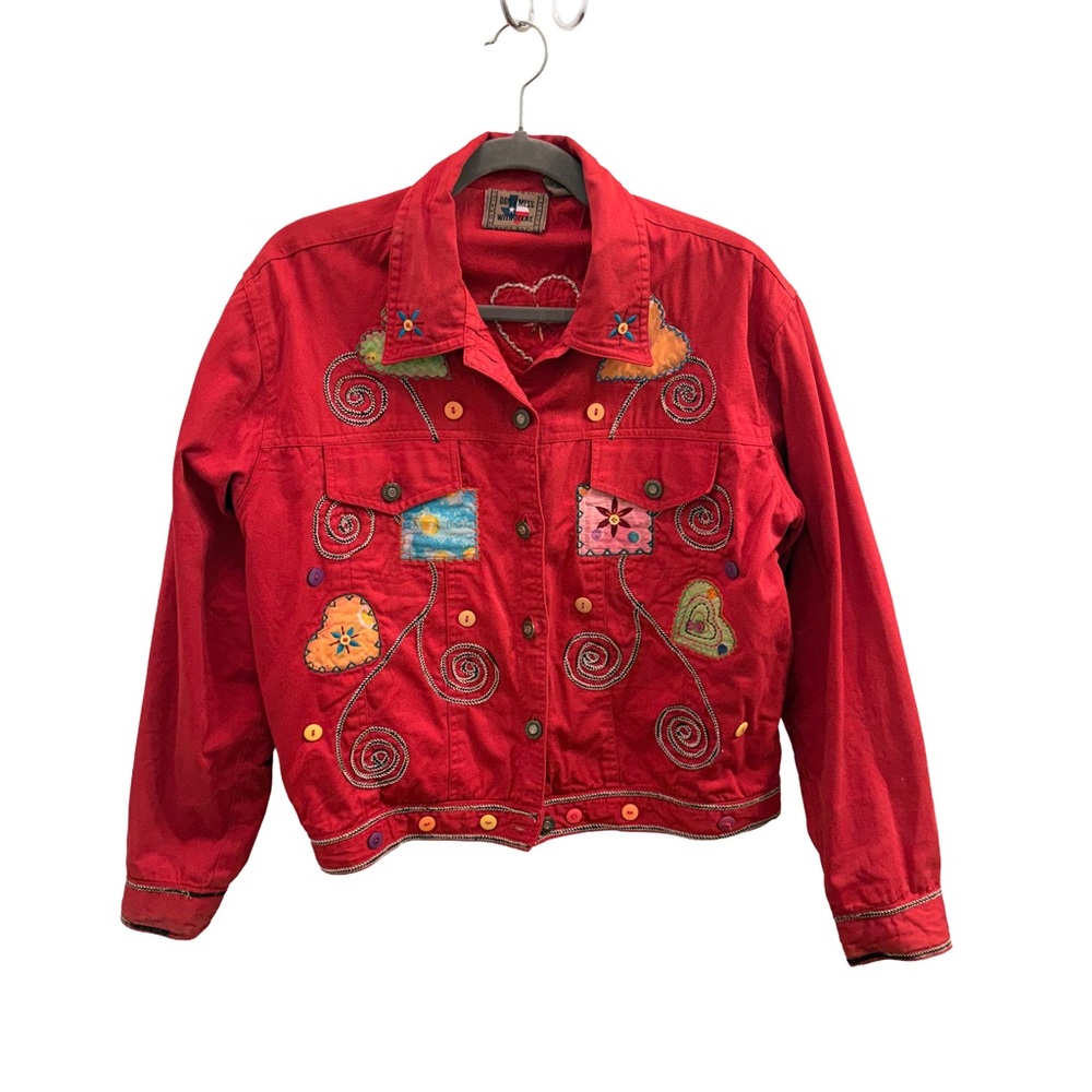 Vintage Don’t Mess With Texas Red Embroidered Patchwork Trucker Jacket